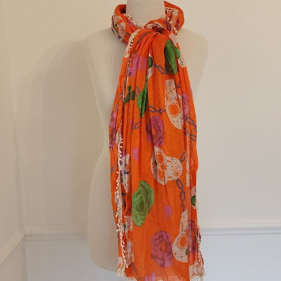 Orange Scarf With Skull & Rose Print 100% Cotton Pom-Pom Trim by Look - Picture 1 of 5